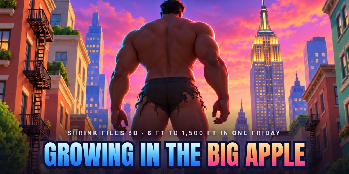 Growing in the Big Apple: a giant in torn shorts stands over a New York street at sunset