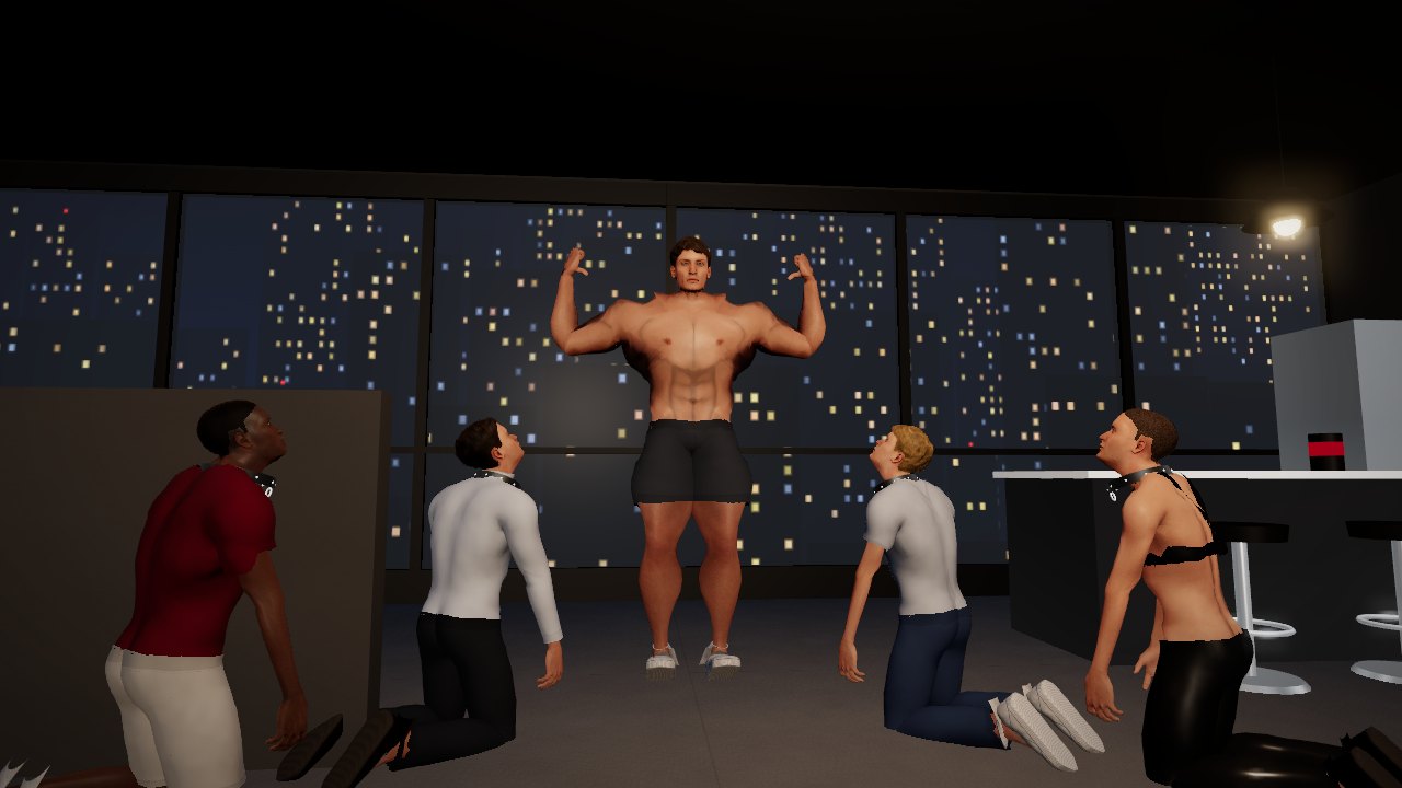 Muscle Theft: Tex, huge and shirtless, flexing in his loft while the men he drained kneel round him in collars