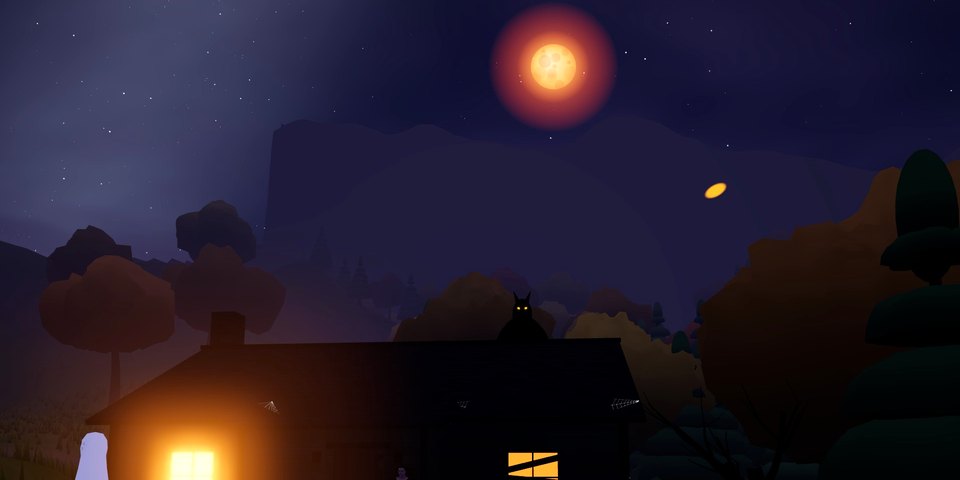 The haunted house in Land of Size under an orange harvest moon, with a werewolf on its roof