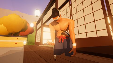 Finn, four inches tall, on the temple veranda as Kenji kneels to lift him