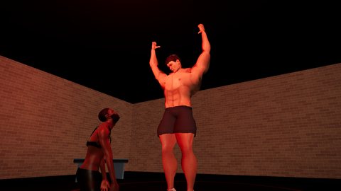 Tex at seven feet tall, arms raised, with a drained Leon kneeling beside him