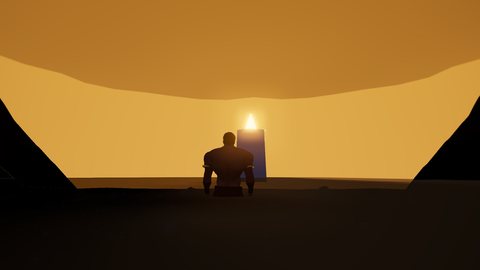 A tiny man silhouetted against a candle inside a carved pumpkin