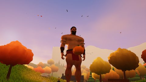 A giant man holding a huge pumpkin above the pumpkin patch