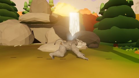 Ragnar bounding on all fours in front of his den