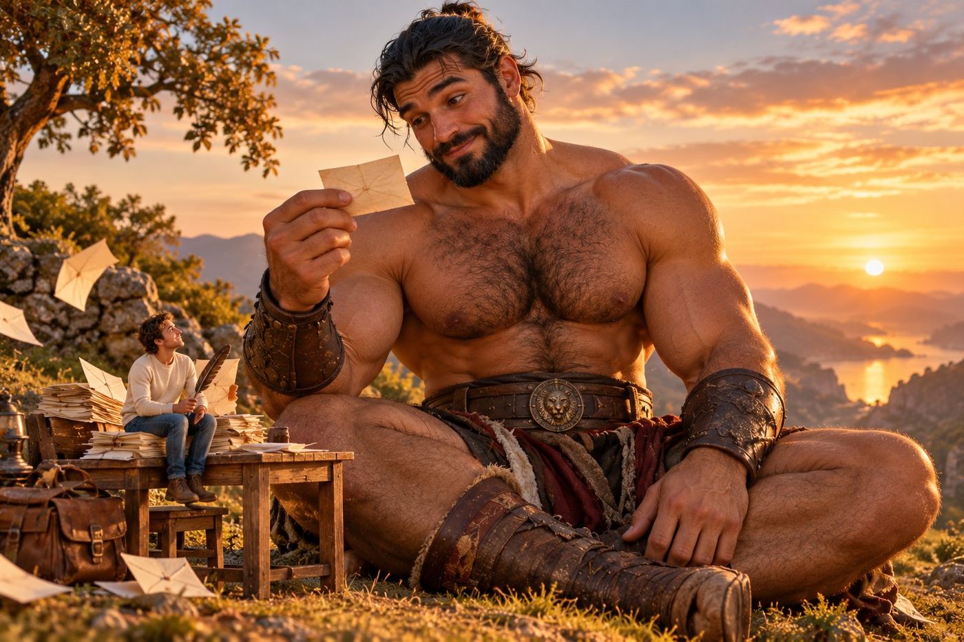 A huge bearded warrior reads a tiny letter while a tiny man sits on a stack of envelopes