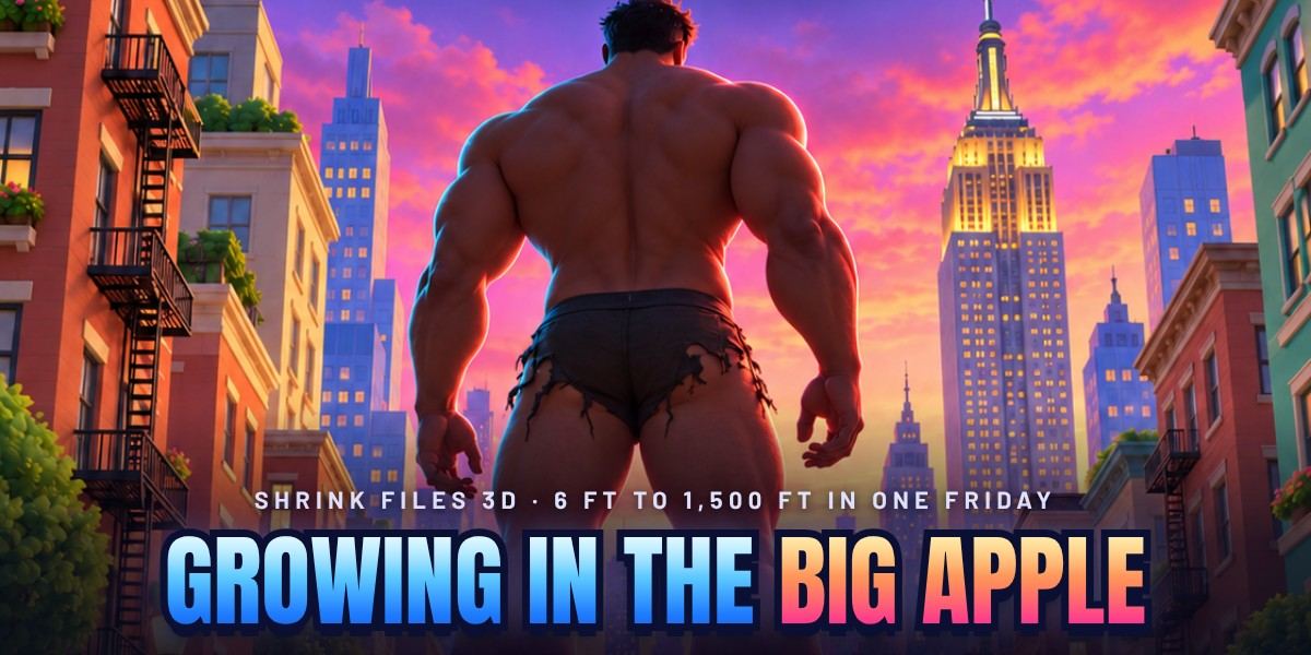 Growing in the Big Apple: a giant shirtless man towers over New York at sunset