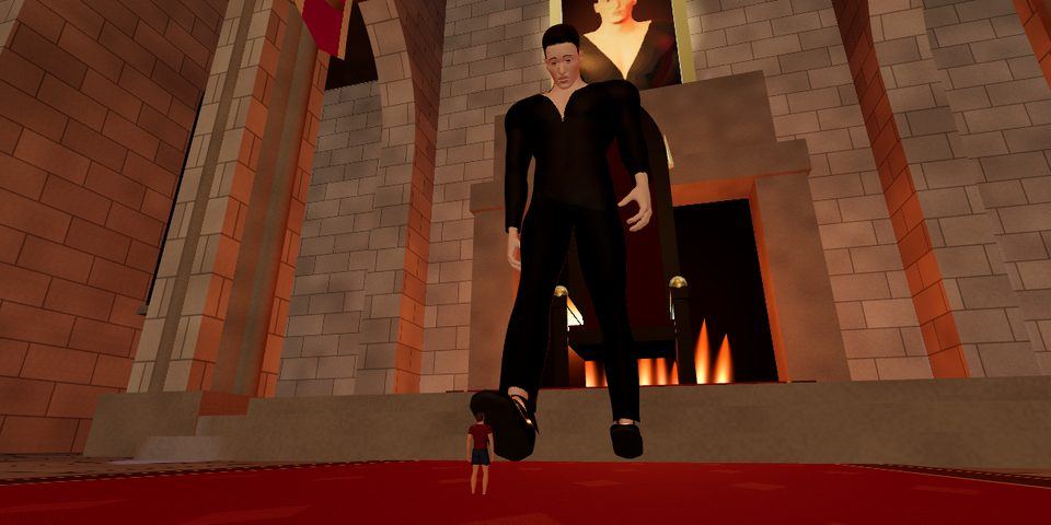 Gothic Castle: Count Lucien stands by a fireplace with a tiny man at his feet