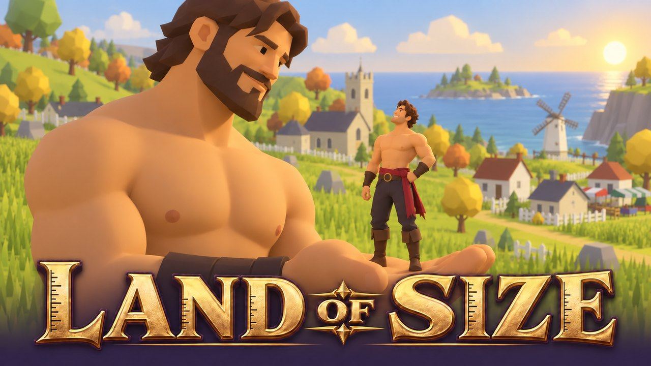 Land of Size: a bearded muscular man in a valley with a tiny man beside him