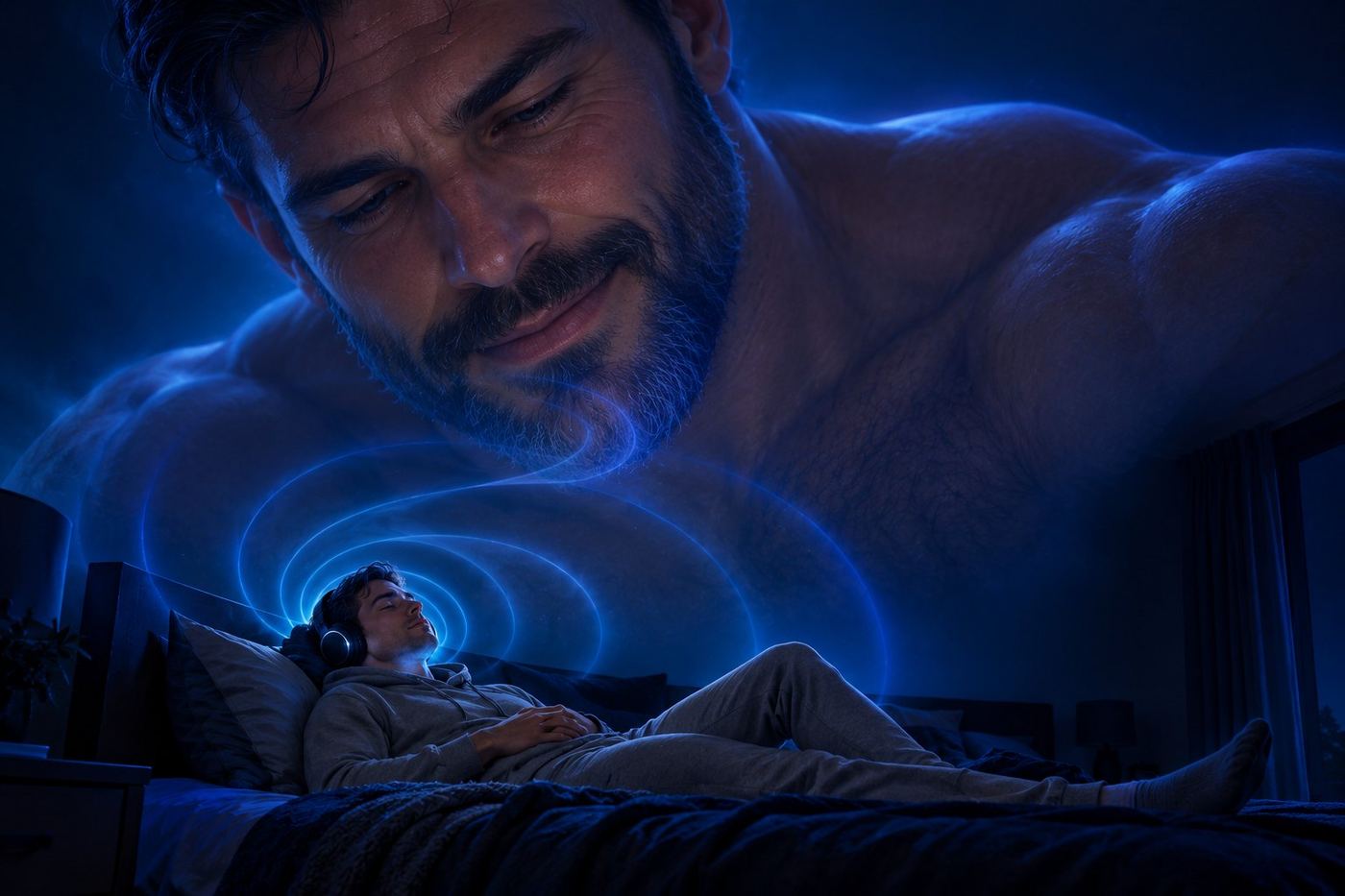 A man lies on a bed in headphones while a huge translucent bearded face looks down at him