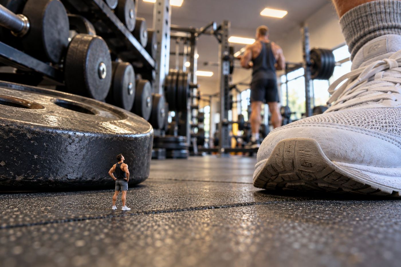 A one-inch man on a gym floor looks up at a towering dumbbell rack and a giant trainer