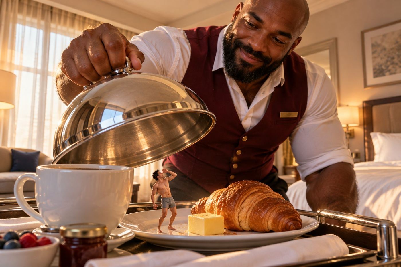 A huge hotel night porter lifts a silver cloche to reveal a tiny man on a breakfast plate