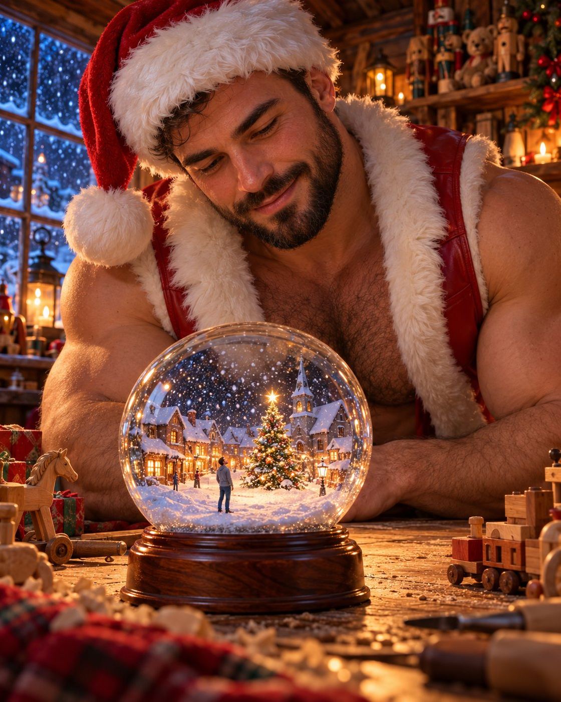 A young Santa in red leather peers into a snow globe where a tiny man stands in the snow